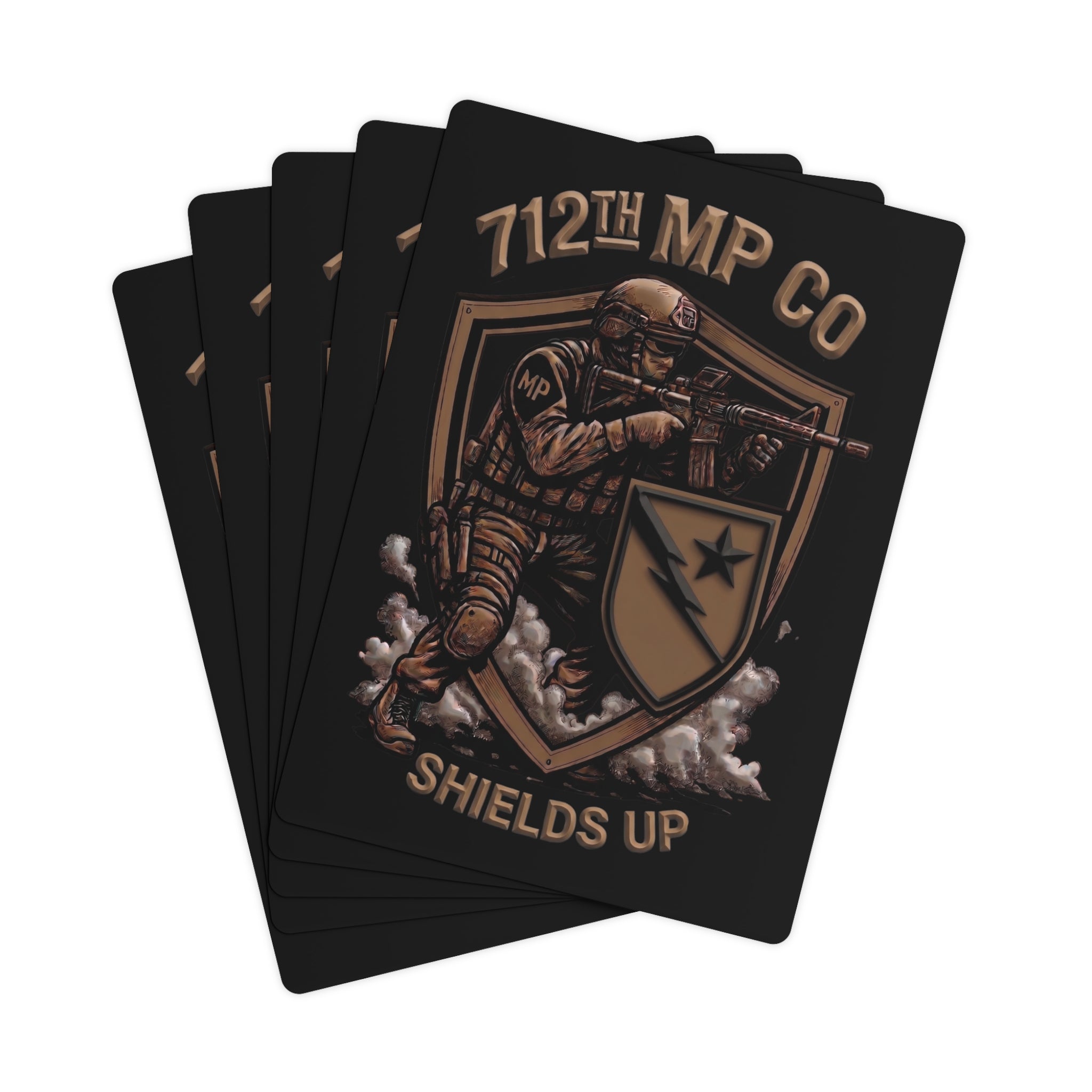 Poker cards fanned with 712th MP Co Shields Up logo and shield illustration