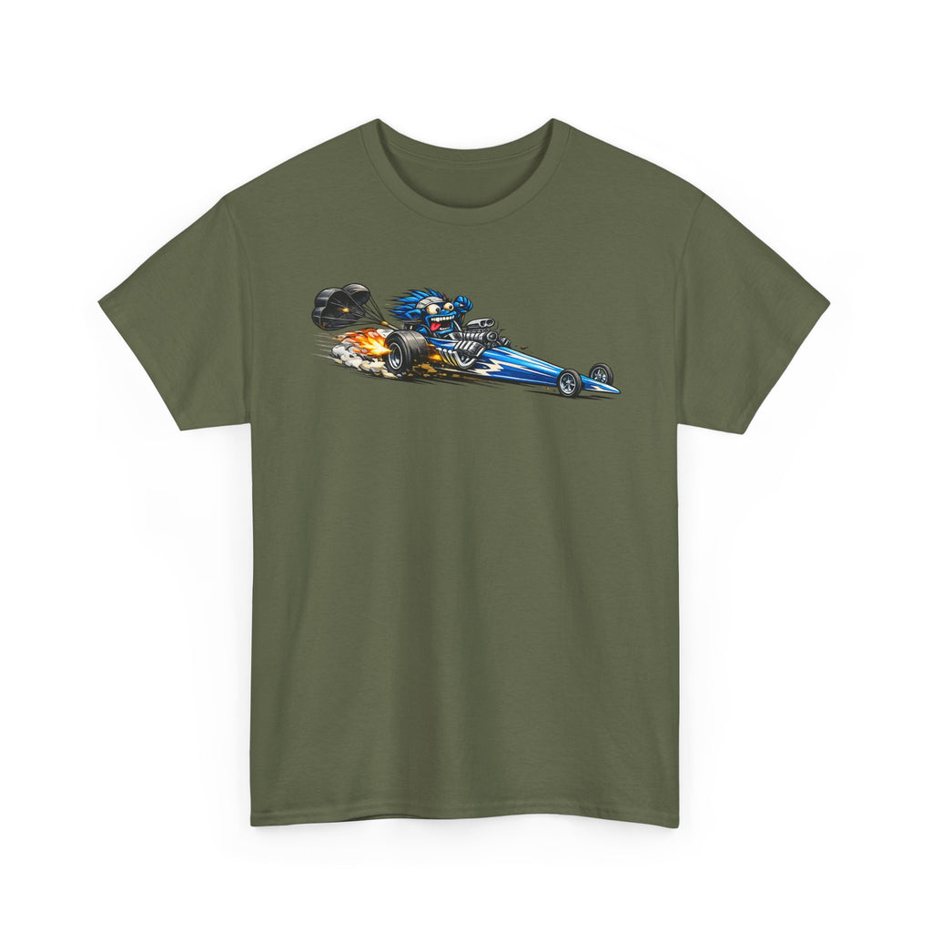 Unisex military green T-shirt with flaming dragster graphic on front