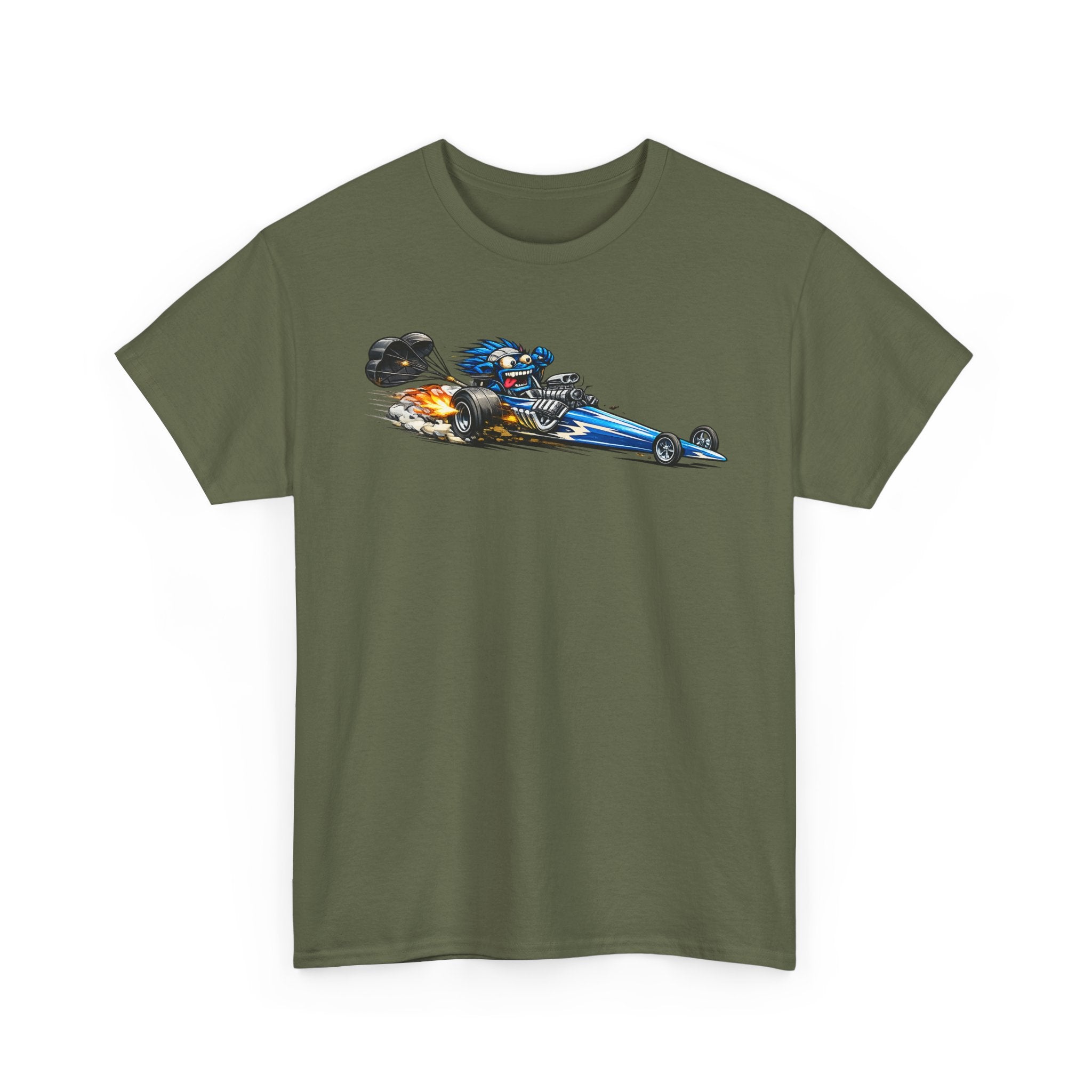 Unisex military green T-shirt with flaming dragster graphic on front