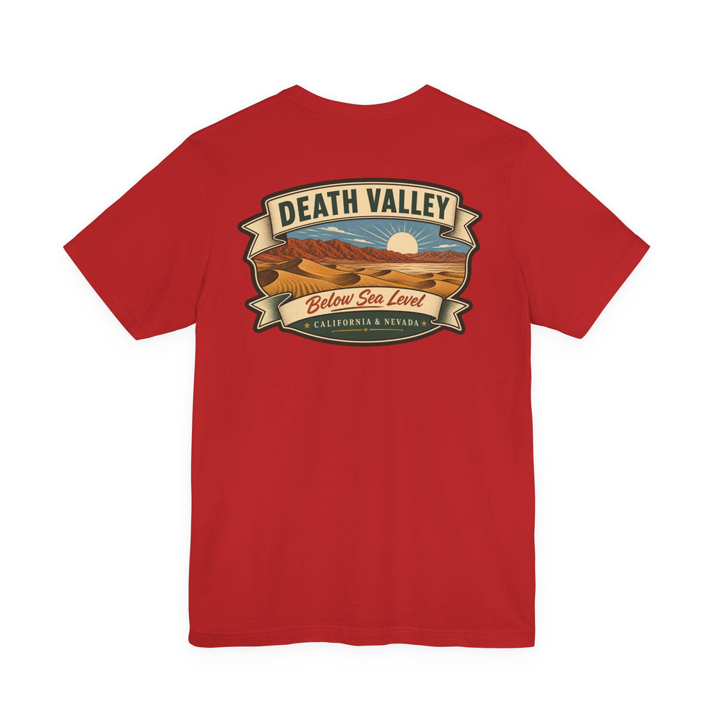 Red t-shirt with Death Valley ribbon landscape graphic on front