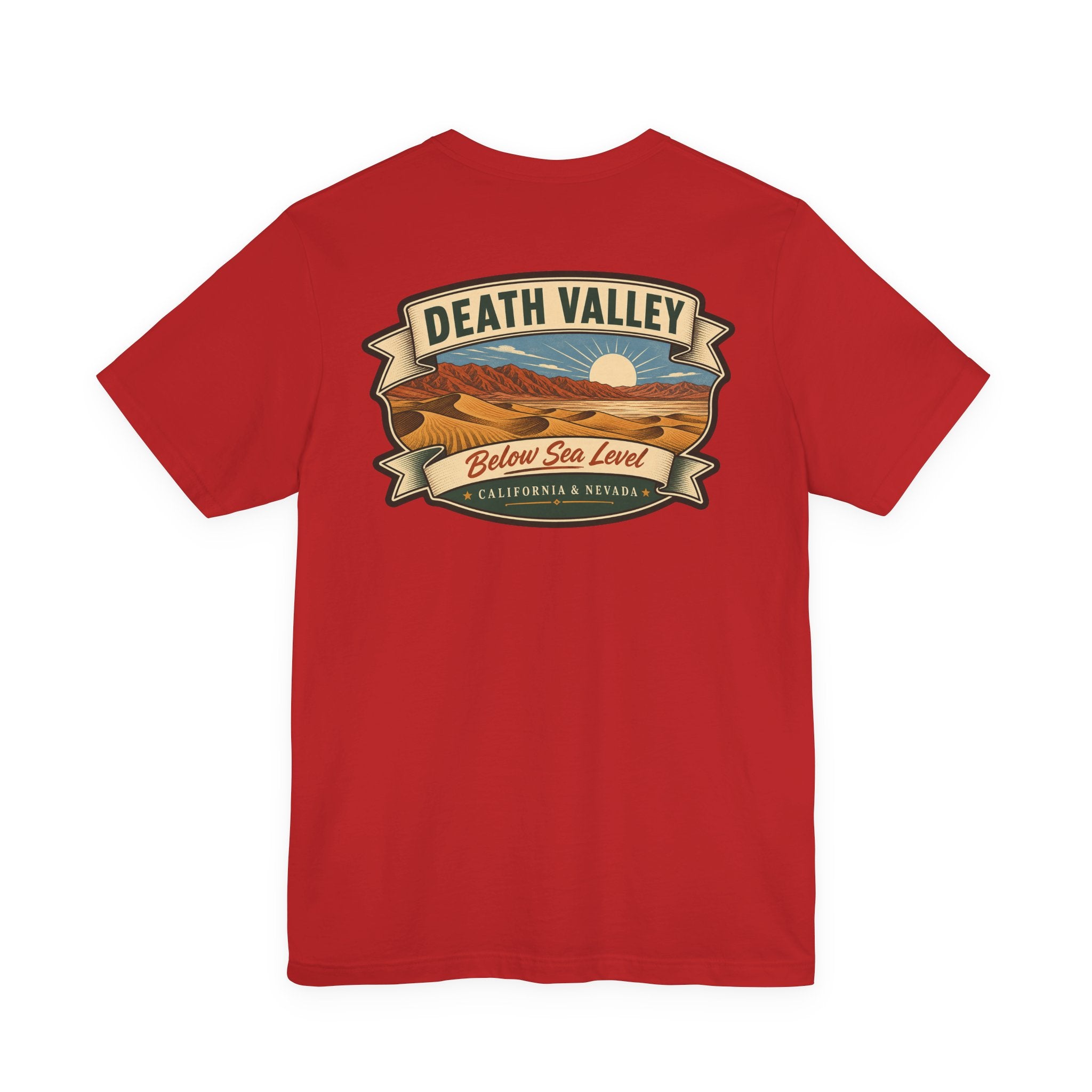 Red t-shirt with Death Valley ribbon landscape graphic on front