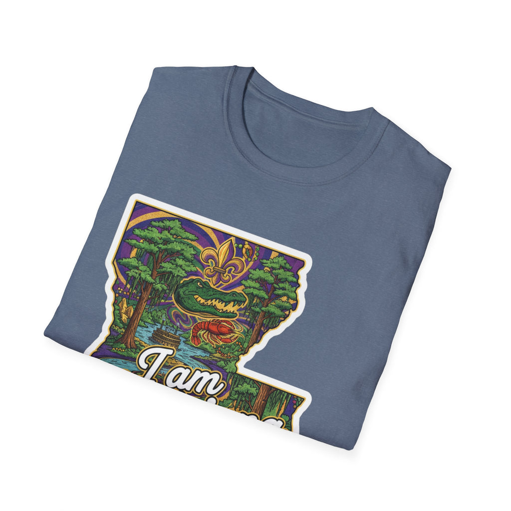Light blue T-shirt with Louisiana map, alligator and 'I Am' front print