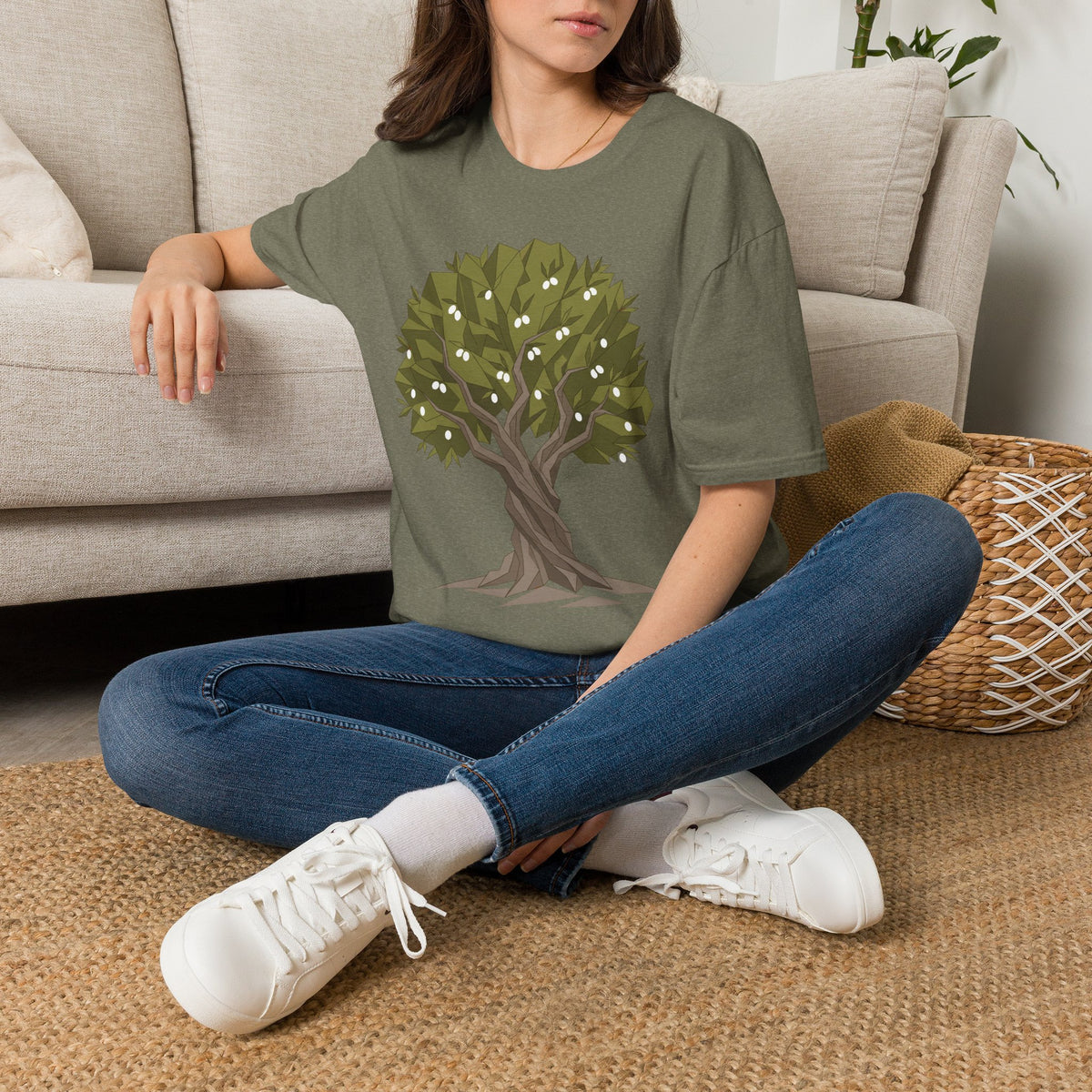 Olive green t-shirt with twisted olive tree graphic on the chest.