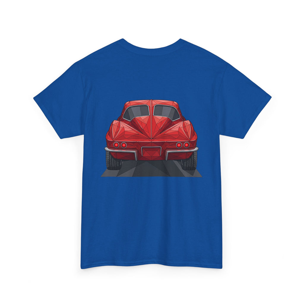 Royal blue T-shirt with red sports coupe graphic on the front