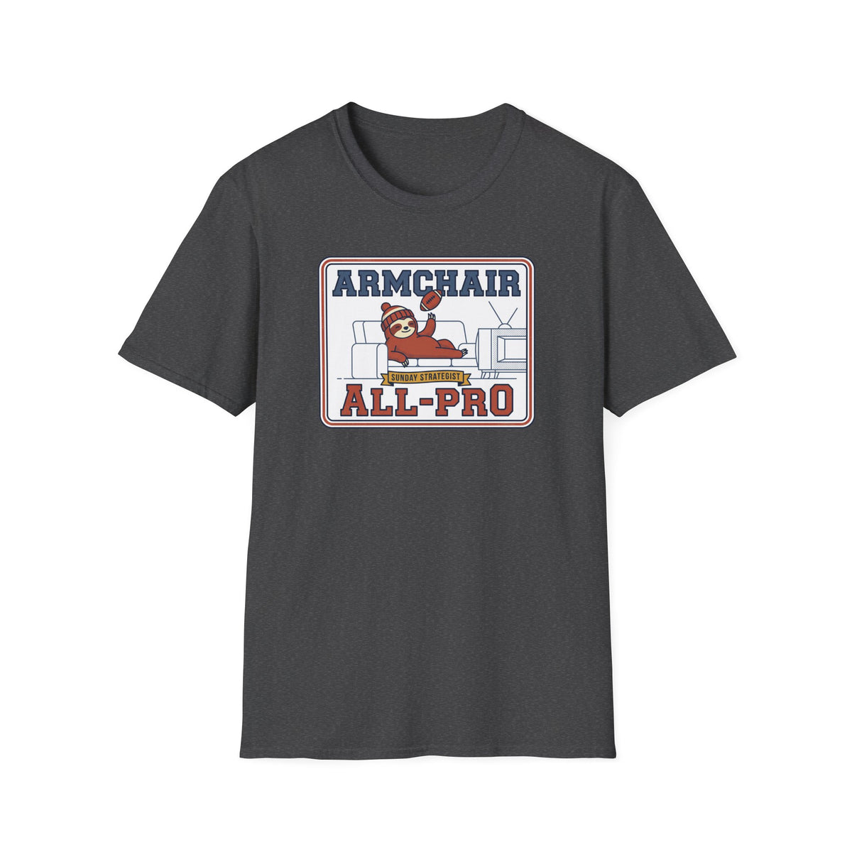 Dark gray T-shirt with front Armchair All-Pro sloth football graphic