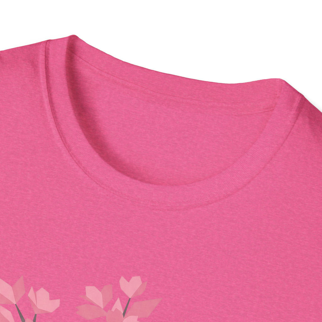 Pink crew-neck T-shirt collar, smooth fabric close-up