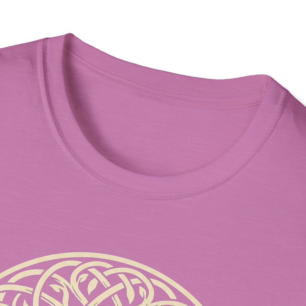 Celtic Tree of Life T-shirt neckline in lavender pink with partial gold circle