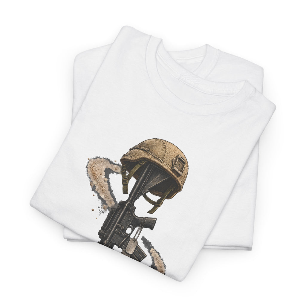 White crewneck T-shirt with helmet-and-rifle graphic on the front
