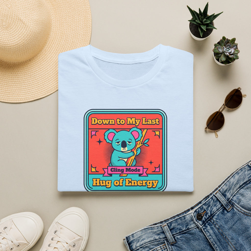 Light blue koala graphic t-shirt with colorful badge-style front print