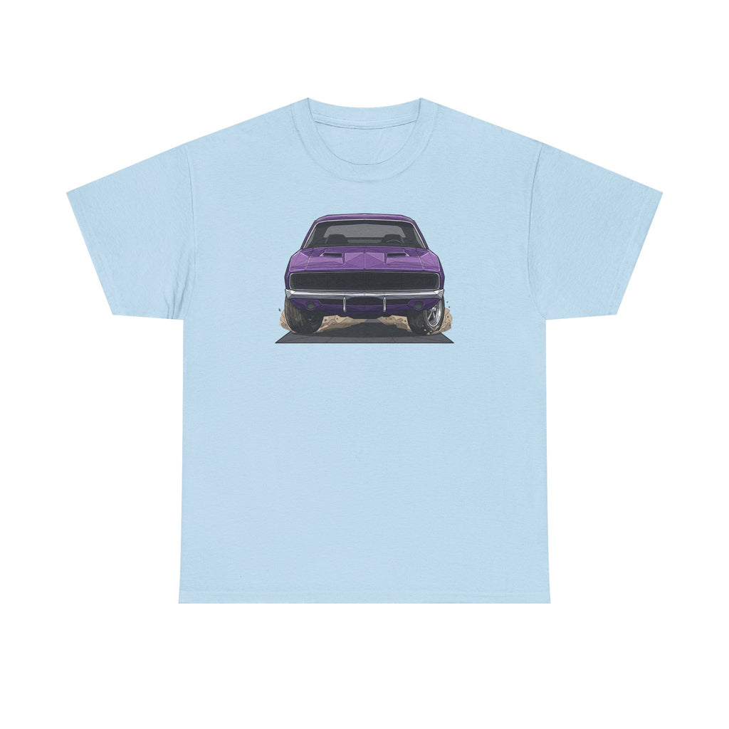 Light blue T-shirt with purple retro muscle car graphic on the front