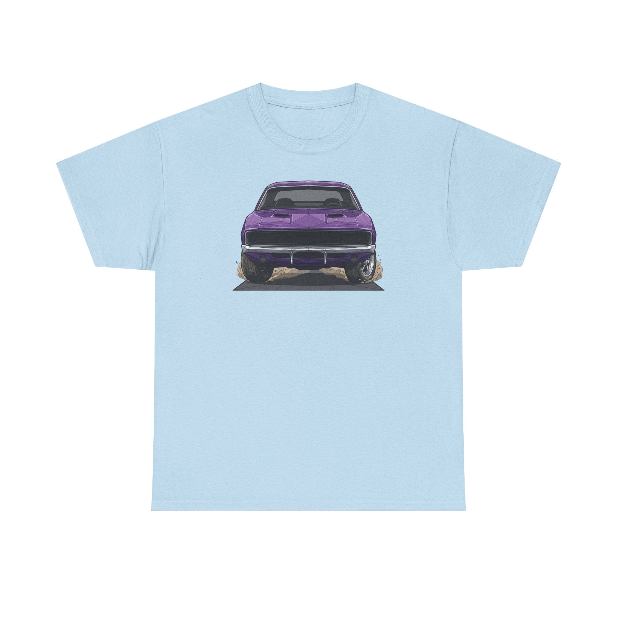 Light blue T-shirt with purple retro muscle car graphic on the front