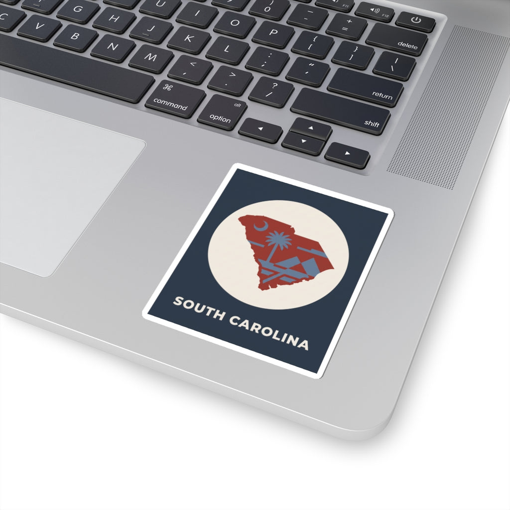 South Carolina map sticker with palm tree graphic and “SOUTH CAROLINA” text