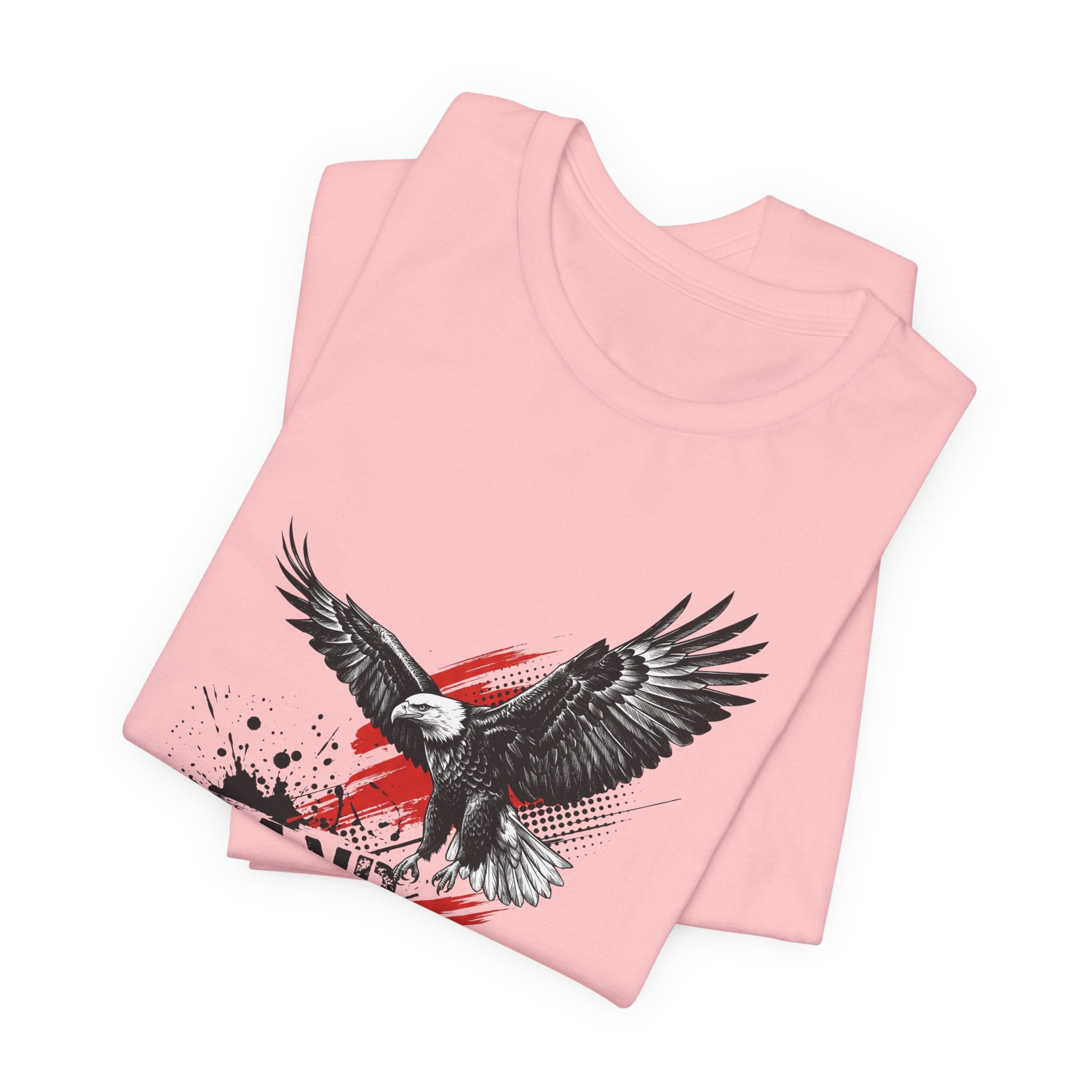 Pink crewneck T-shirt with black eagle graphic