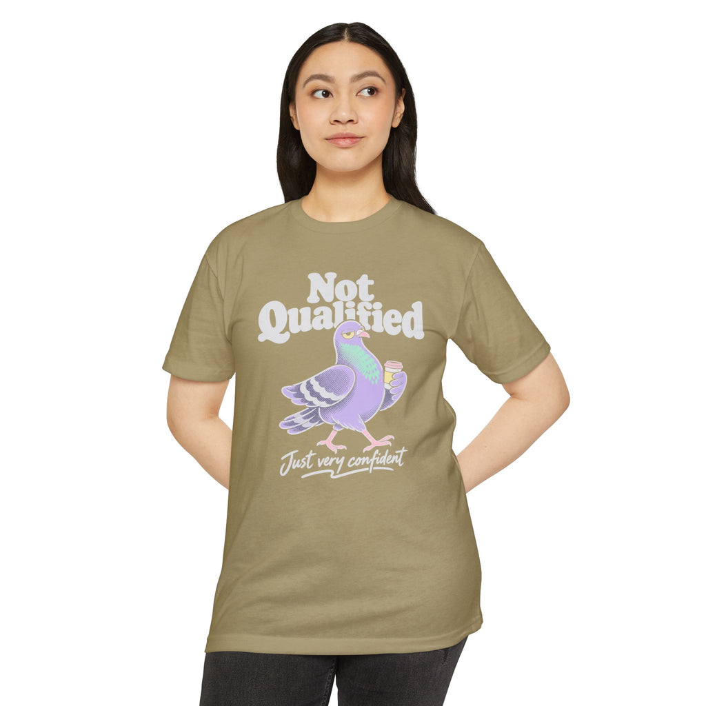 Olive short-sleeve T-shirt with “Not Qualified” pigeon graphic, front view