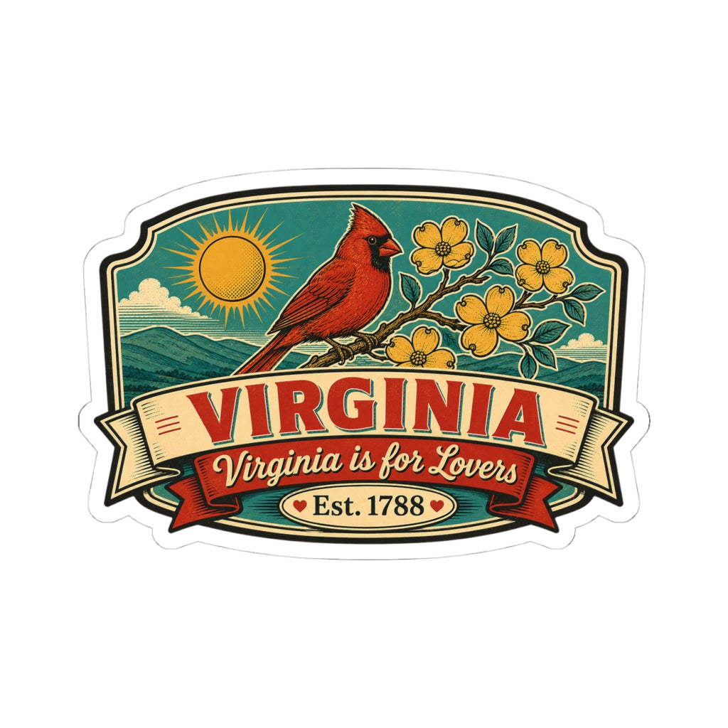 Kiss-cut vinyl decal showing red cardinal on floral branch with Virginia ribbon and Est. 1788