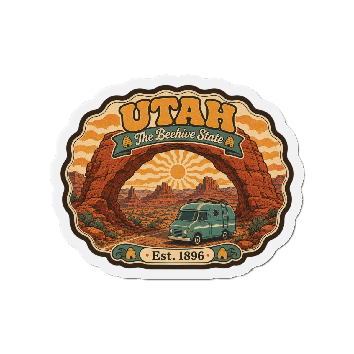 Scalloped Utah die-cut magnet with scenic arch artwork, vintage van, sun, and “Est. 1896” at bottom.