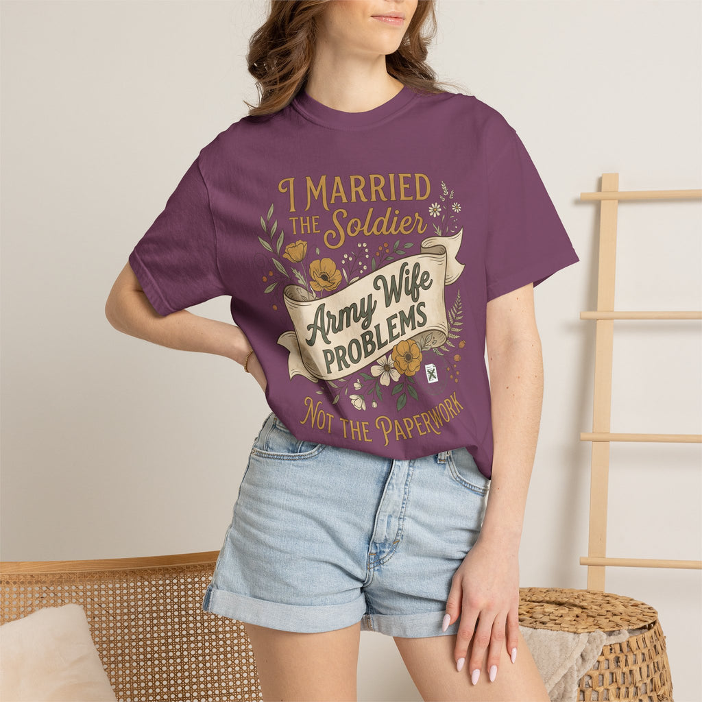 Lilac T-shirt worn by model with 'Army Wife problems' quote graphic