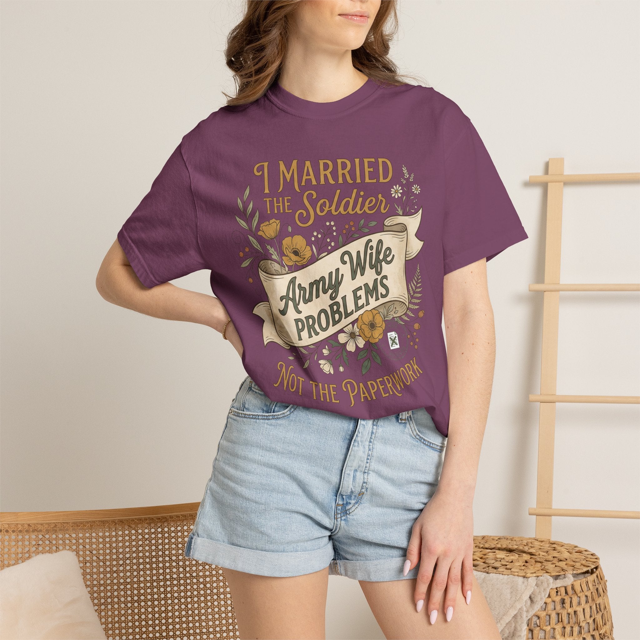 Lilac T-shirt worn by model with 'Army Wife problems' quote graphic
