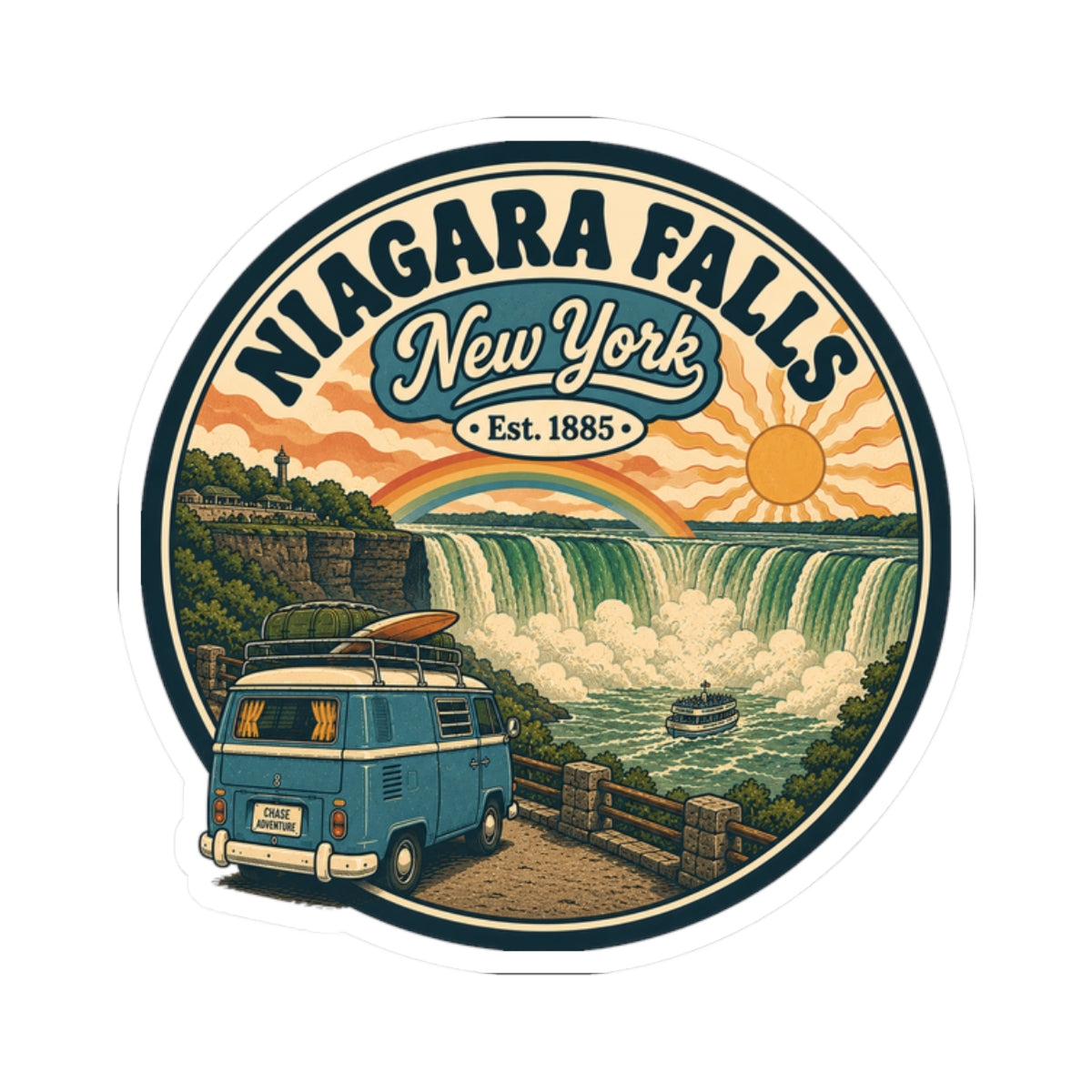 Round white kiss-cut sticker with Niagara Falls New York text and vintage camper van art