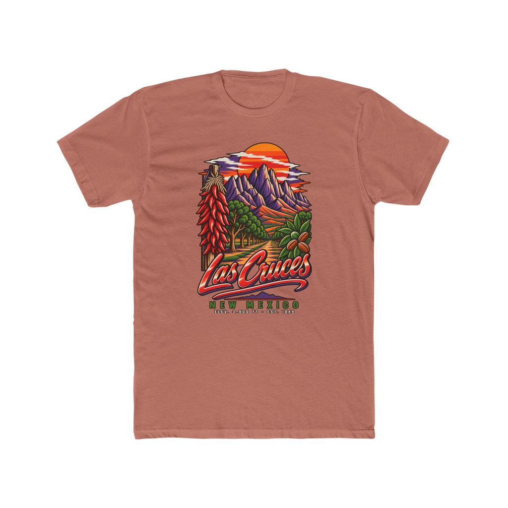 Terracotta T-shirt with colorful desert mountains and sunset landscape graphic, Las Cruces logo