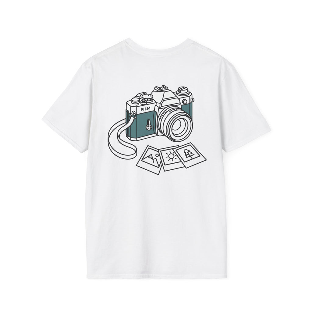 White T-shirt with vintage film camera graphic and photo prints on front
