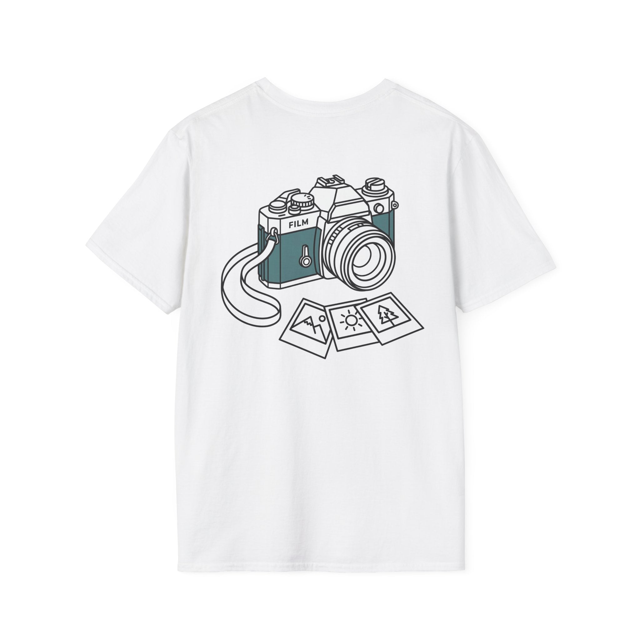 White T-shirt with vintage film camera graphic and photo prints on front