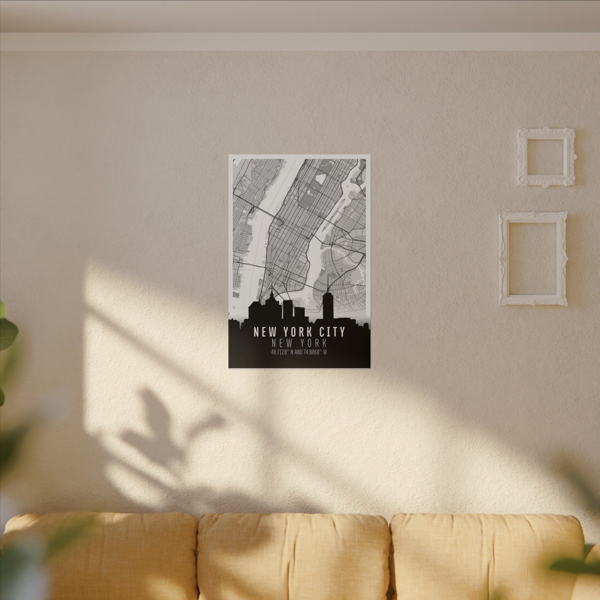 New York City skyline canvas map on wall, with street grid and black skyline silhouette