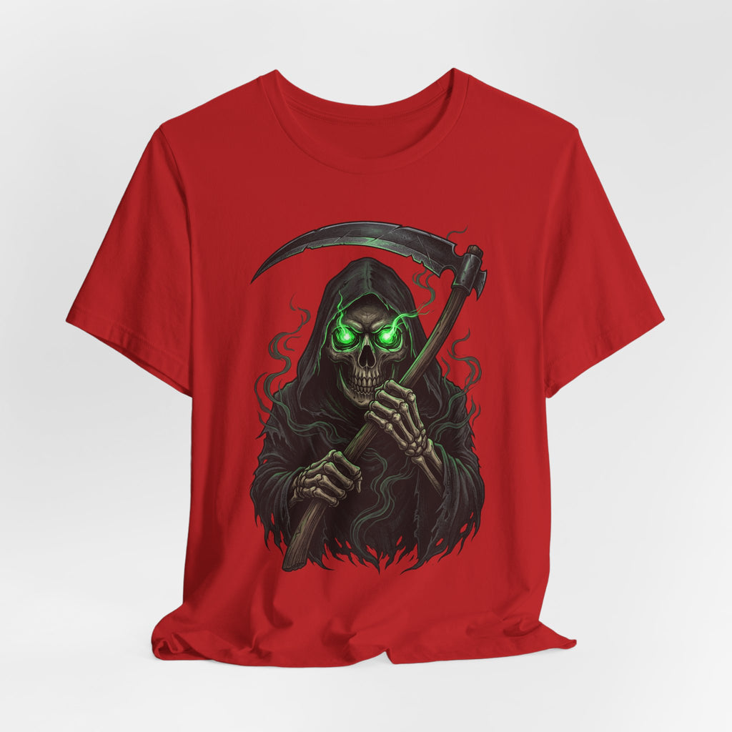 Red T-shirt front print: grim reaper skull holding scythe, glowing green eyes