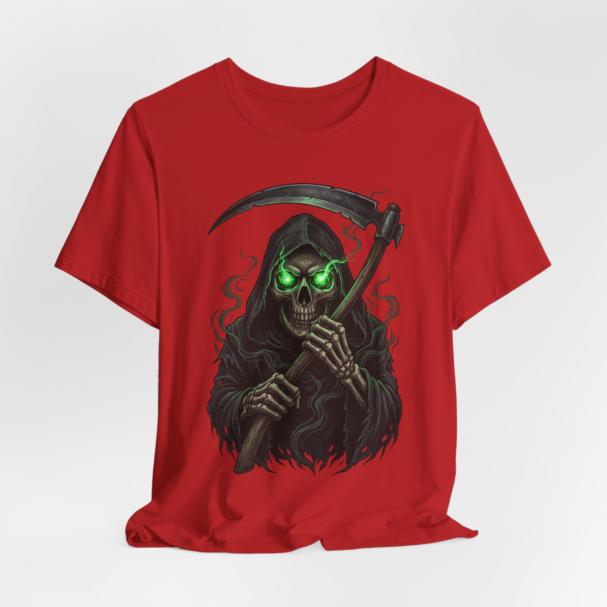 Red T-shirt front print: grim reaper skull holding scythe, glowing green eyes
