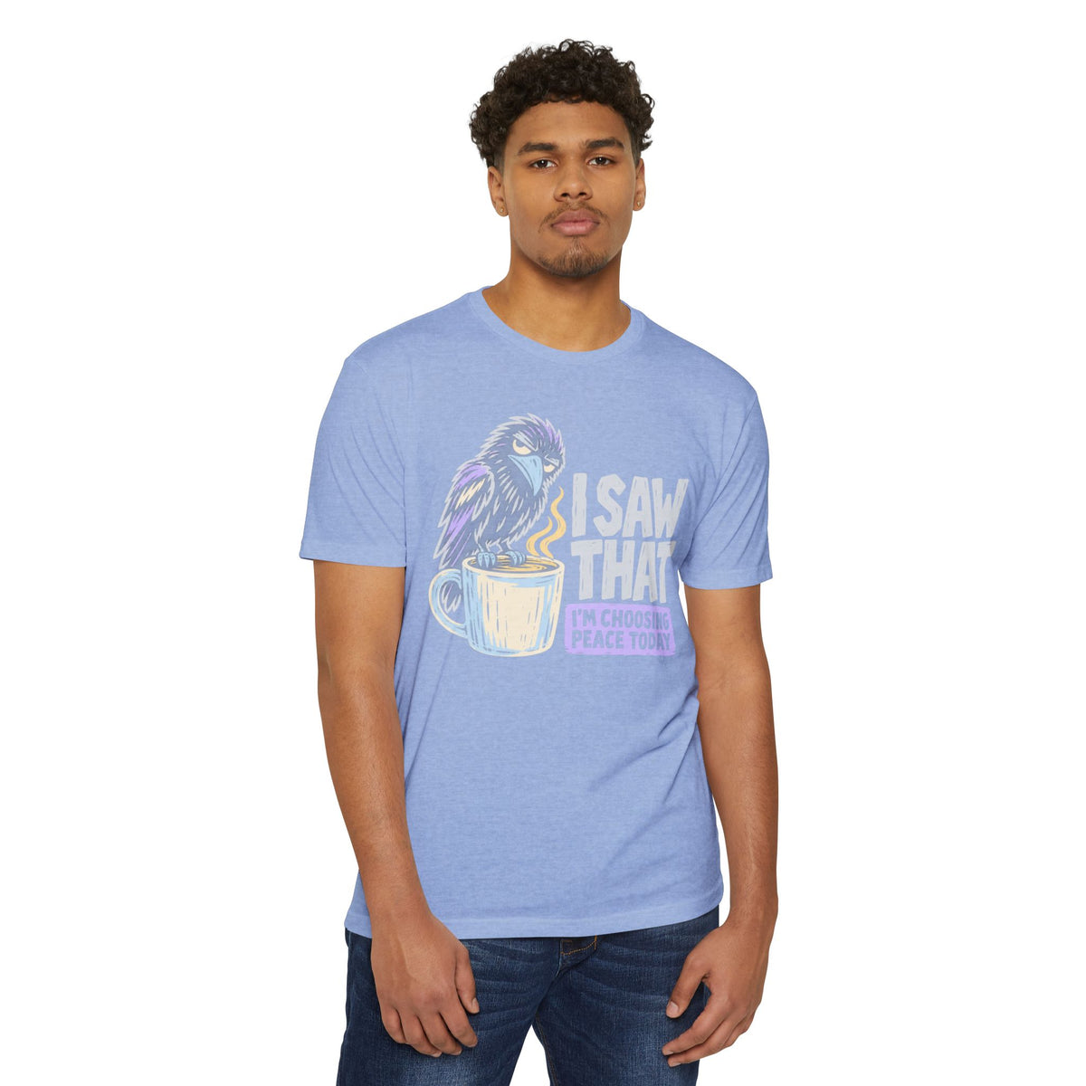 Light blue crewneck T-shirt with colorful raven coffee graphic and peace slogan print