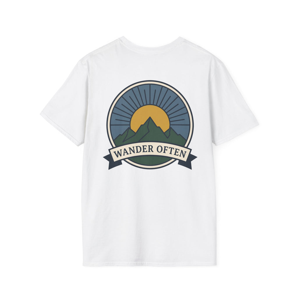 White unisex t-shirt with circular mountain badge and “WANDER OFTEN” ribbon graphic