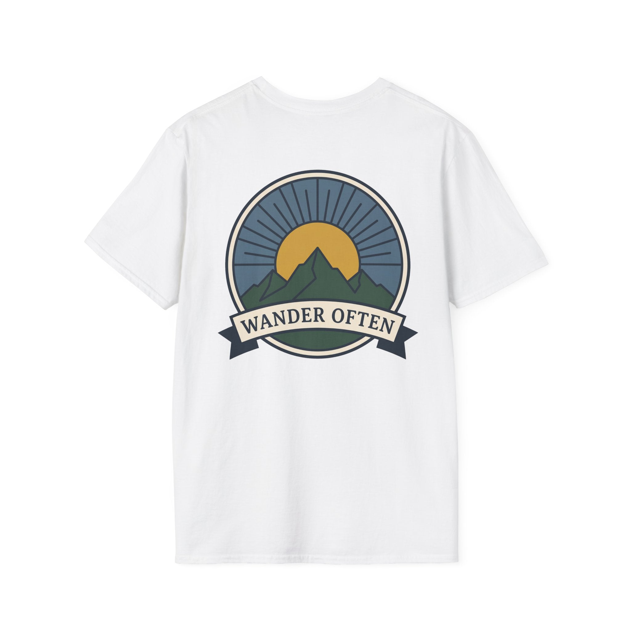 White unisex t-shirt with circular mountain badge and “WANDER OFTEN” ribbon graphic