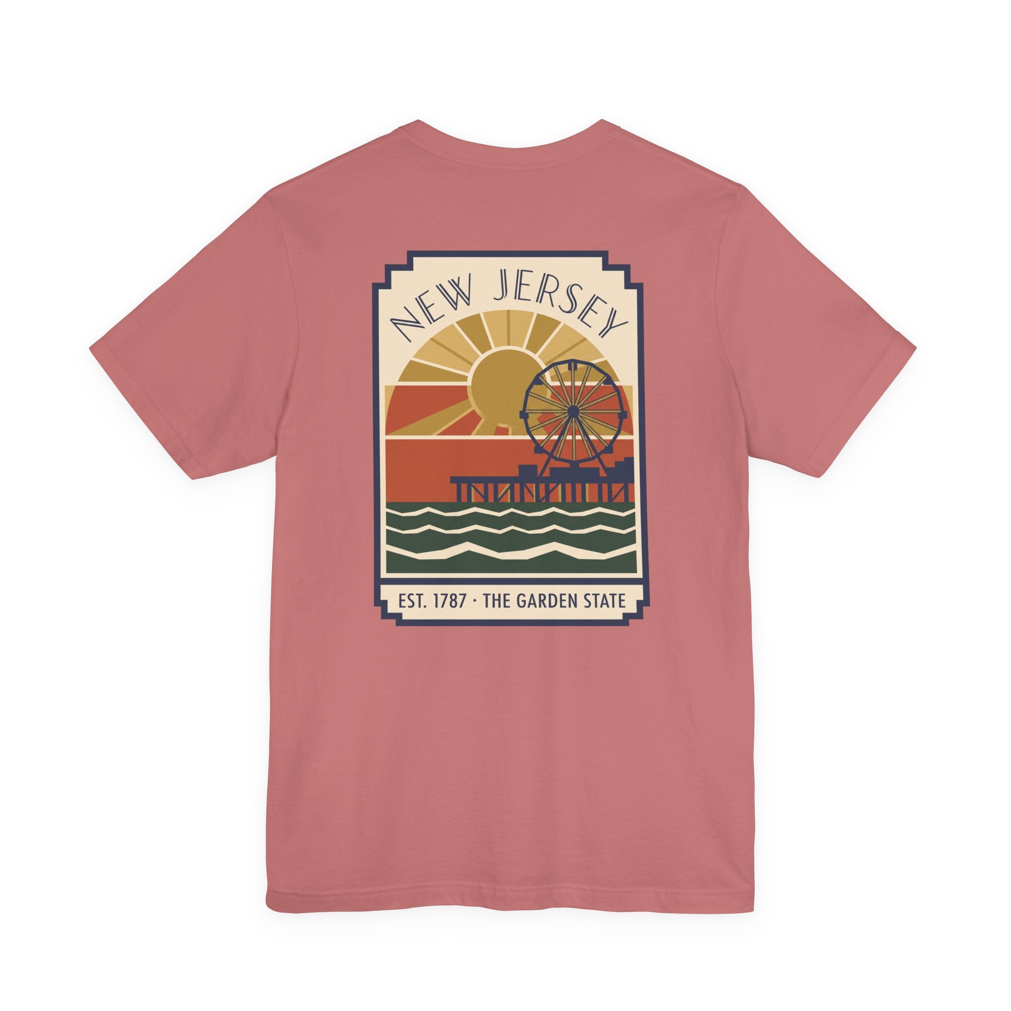 Dusty rose T-shirt with centered New Jersey Pier vintage poster graphic