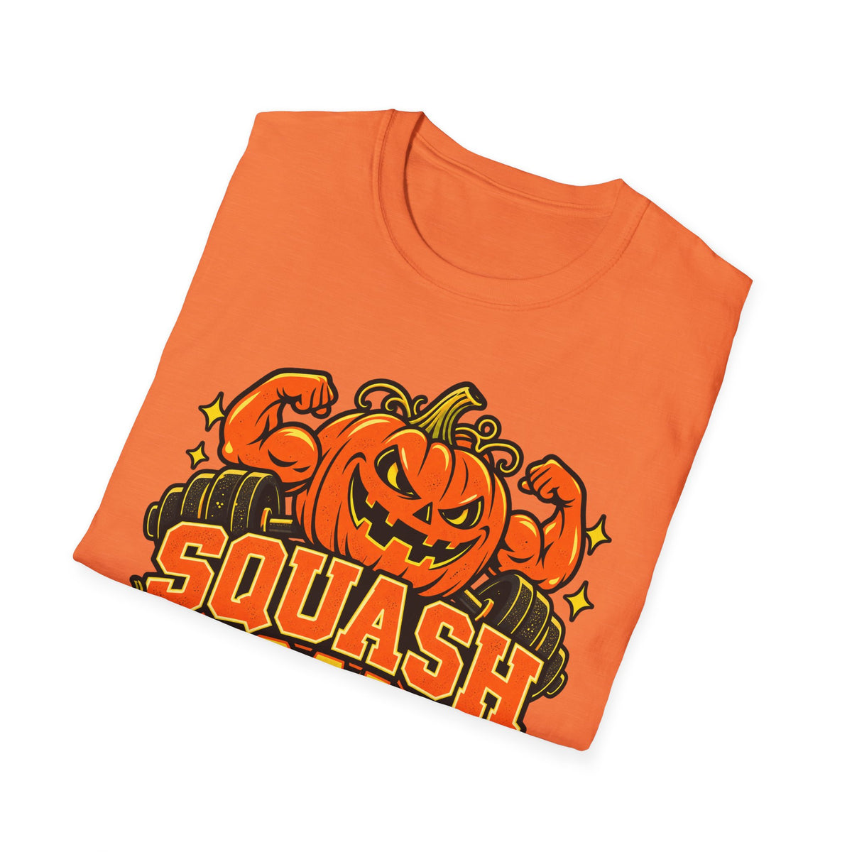Orange Halloween gym t-shirt with pumpkin graphic and “SQUASH GOALS” typography