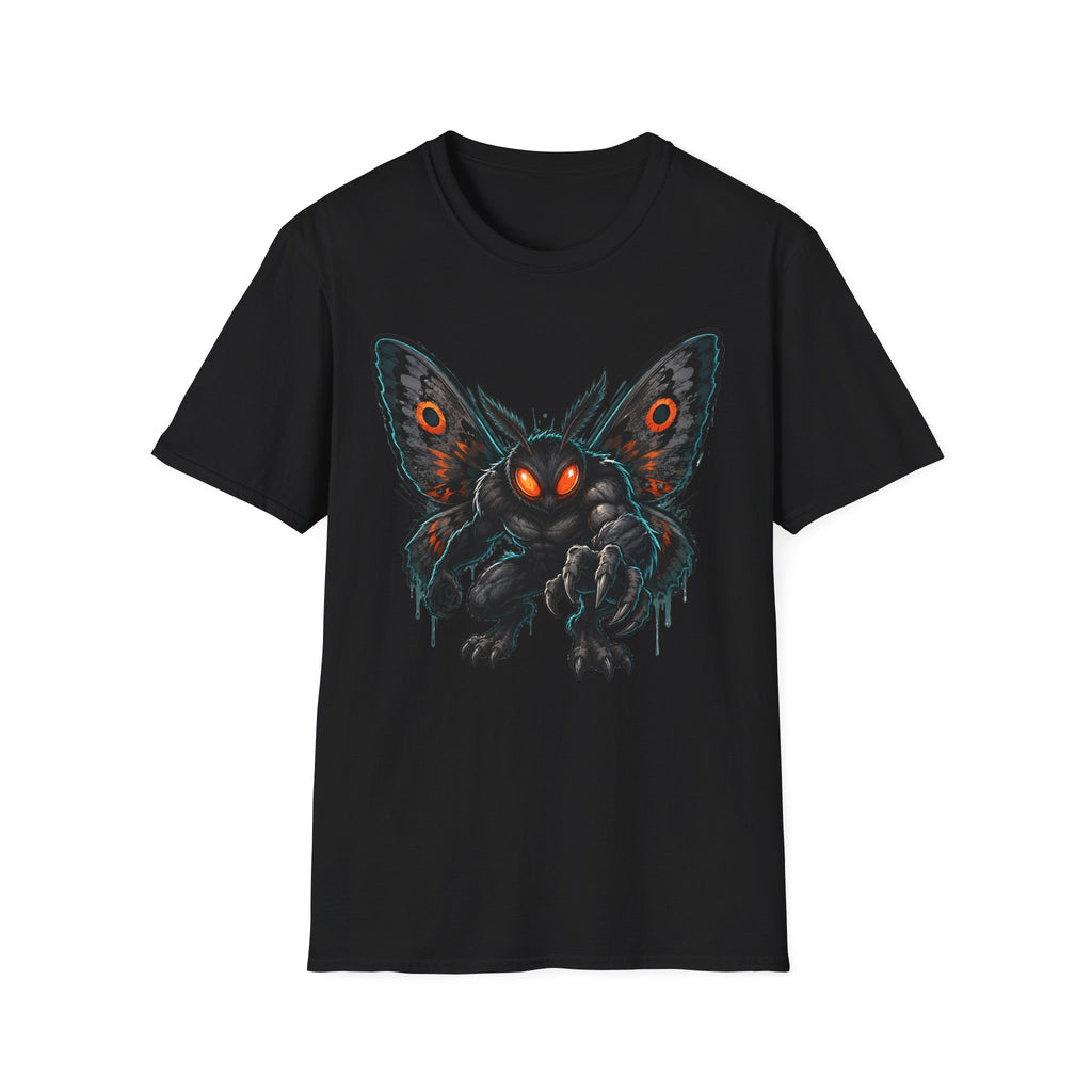 Black crewneck T-shirt featuring a dark moth monster graphic with glowing orange eyes.