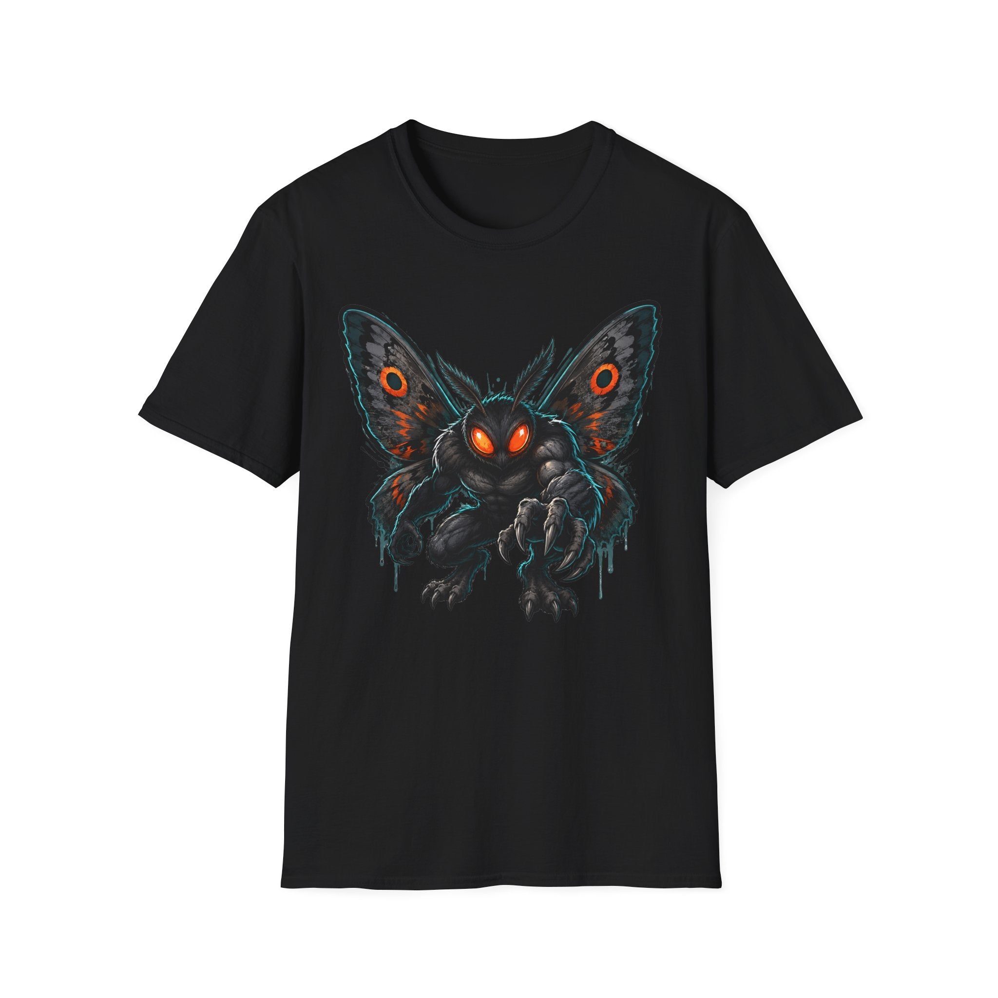 Black crewneck T-shirt featuring a dark moth monster graphic with glowing orange eyes.