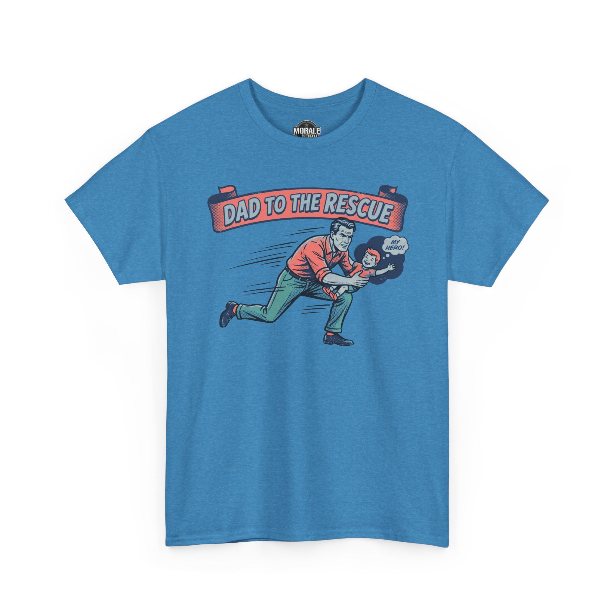 Dad to the Rescue T-Shirt (Neon Blue) front print: dad carrying child in rescue pose