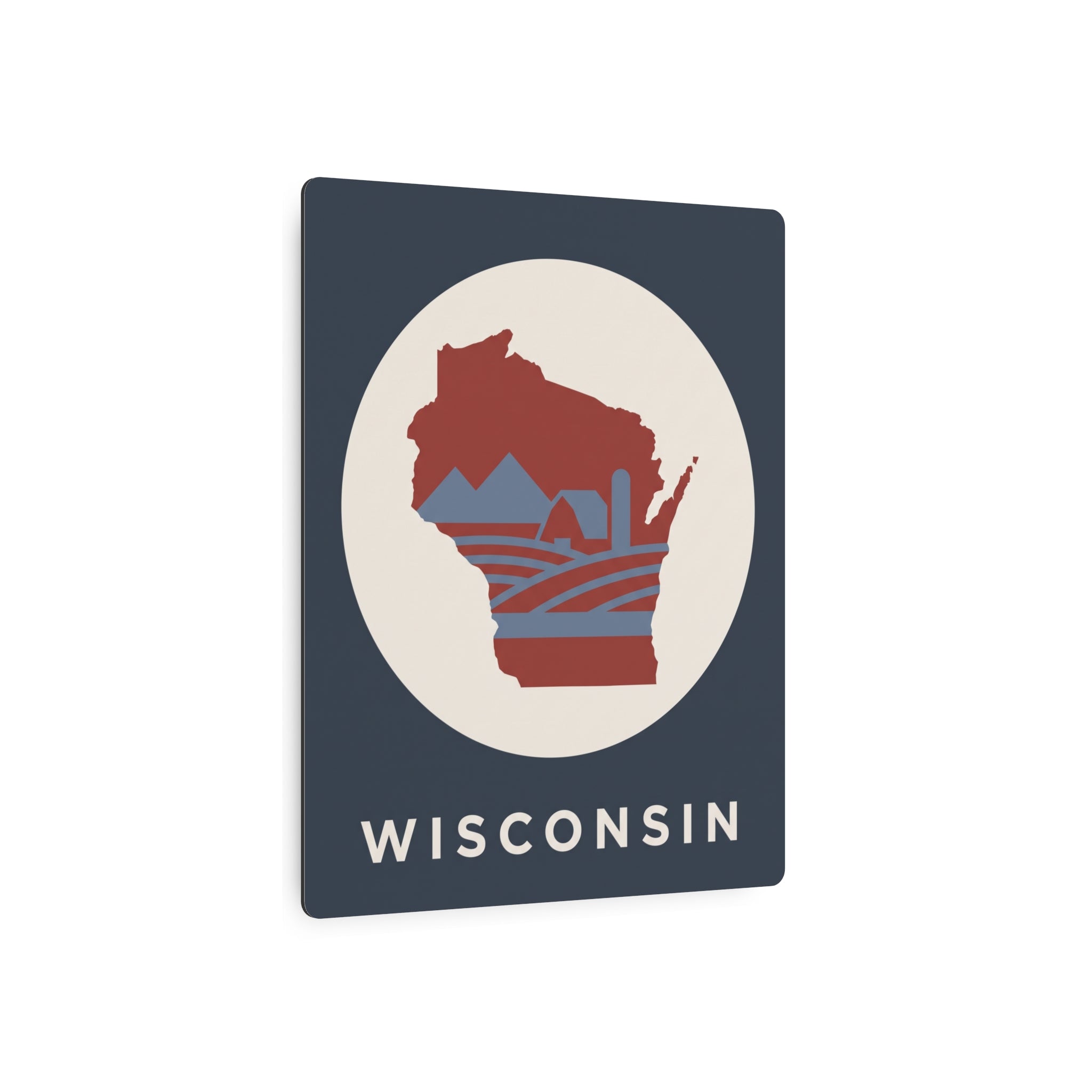 Wisconsin metal art sign with navy square, red state outline, cream circle, WISCONSIN at bottom