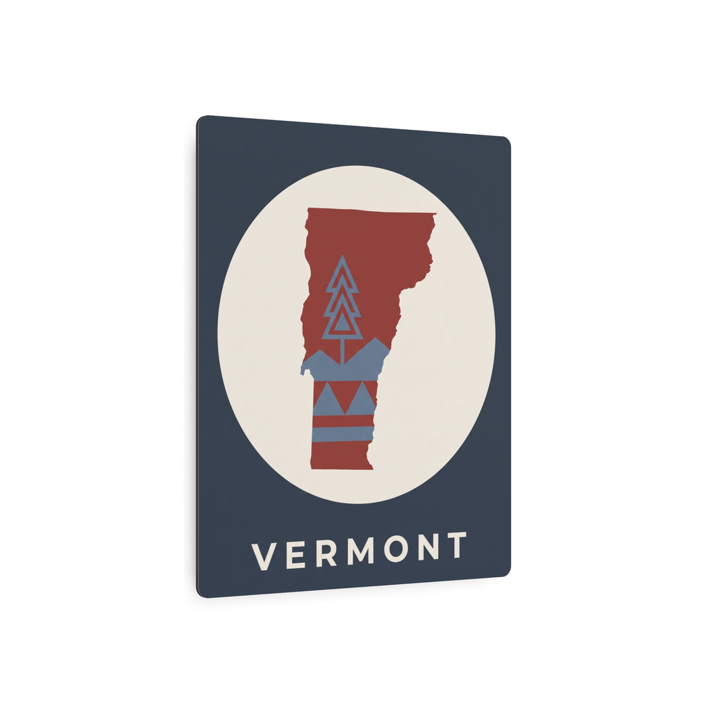 Vermont metal art sign, dark blue square with white circle, red state and blue tree icon