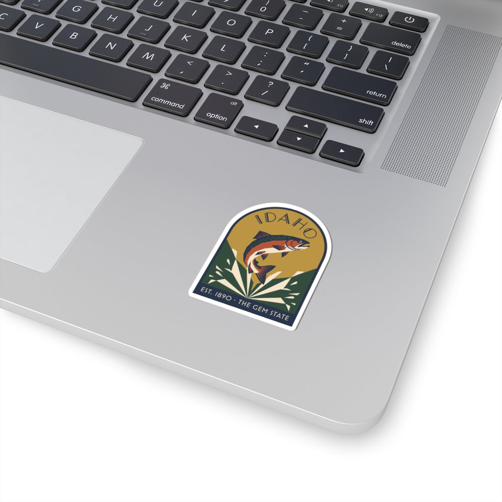 Idaho trout vinyl decal sticker with Gem State badge, circular design