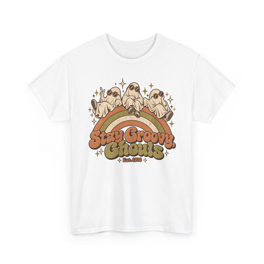 Stay Groovy Ghouls T-Shirt, Retro Rainbow Ghosts in Sunglasses Halloween Shirt for Women and Men, Cute 70s Spooky Tee