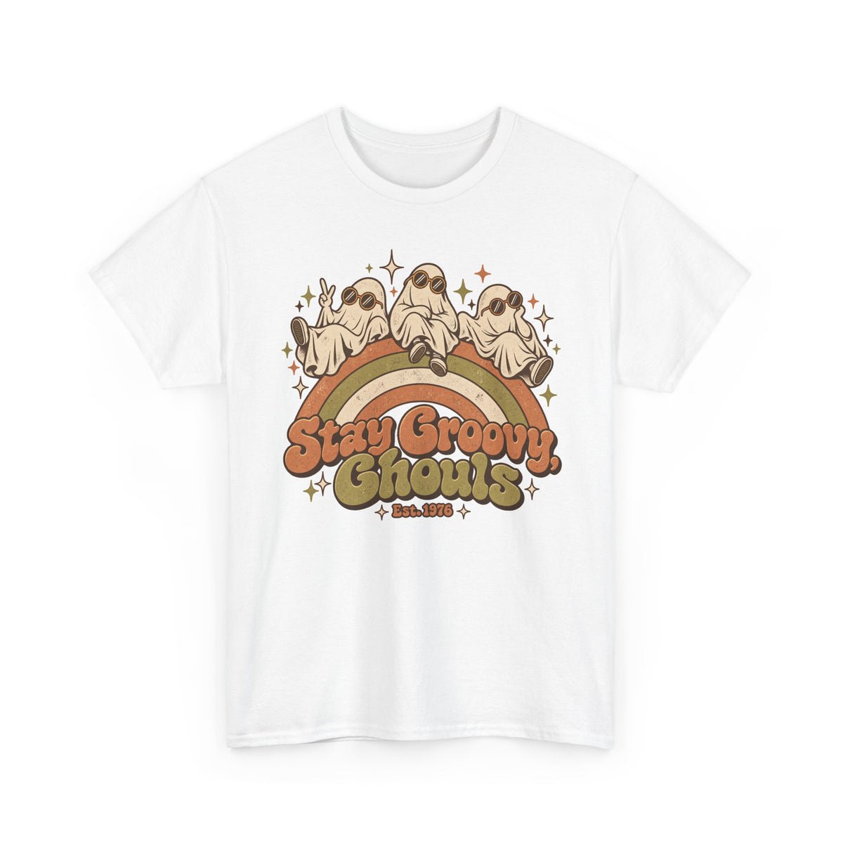 Stay Groovy Ghouls T-Shirt, Retro Rainbow Ghosts in Sunglasses Halloween Shirt for Women and Men, Cute 70s Spooky Tee