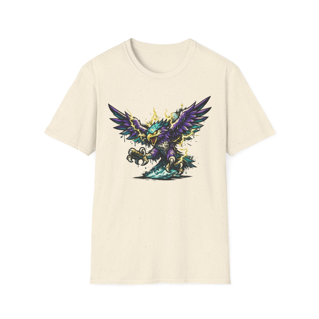 Cream crew-neck T-shirt with colorful lightning bird graphic, front view