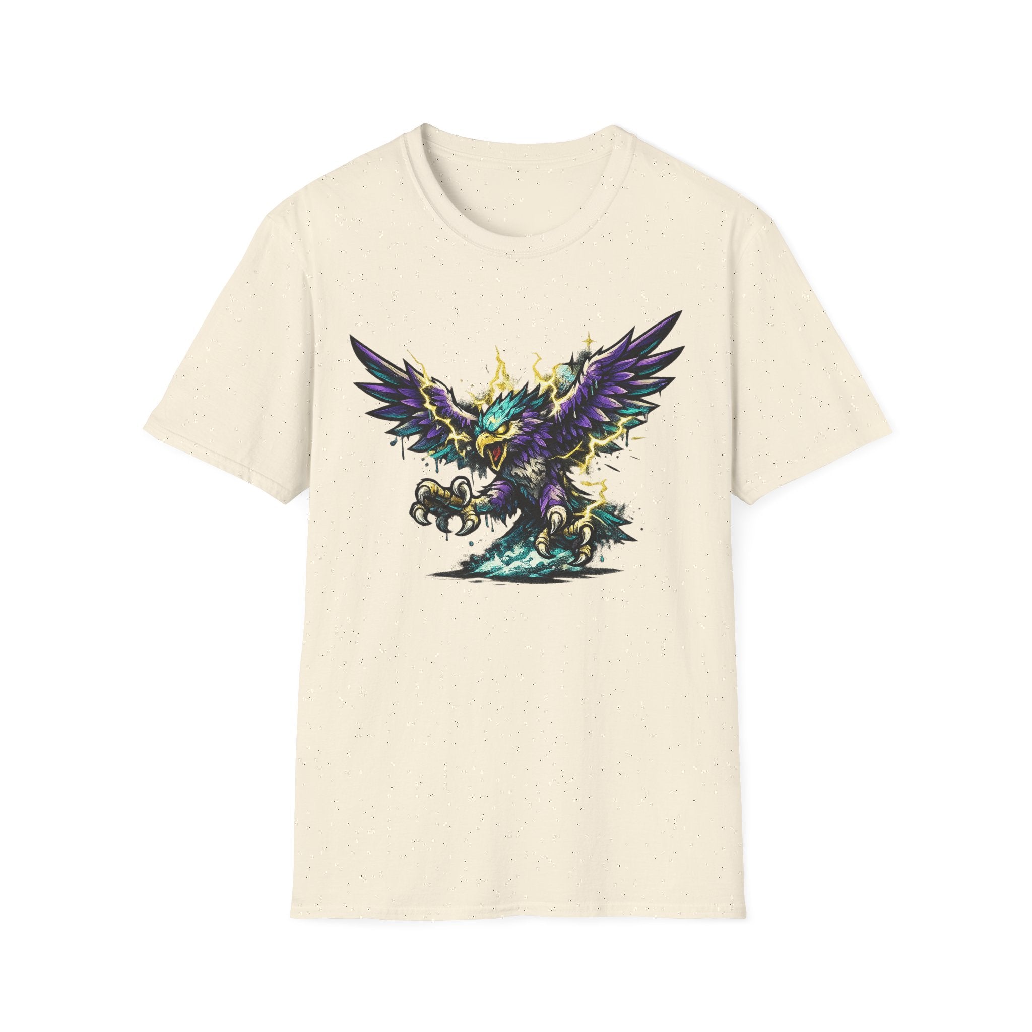 Cream crew-neck T-shirt with colorful lightning bird graphic, front view