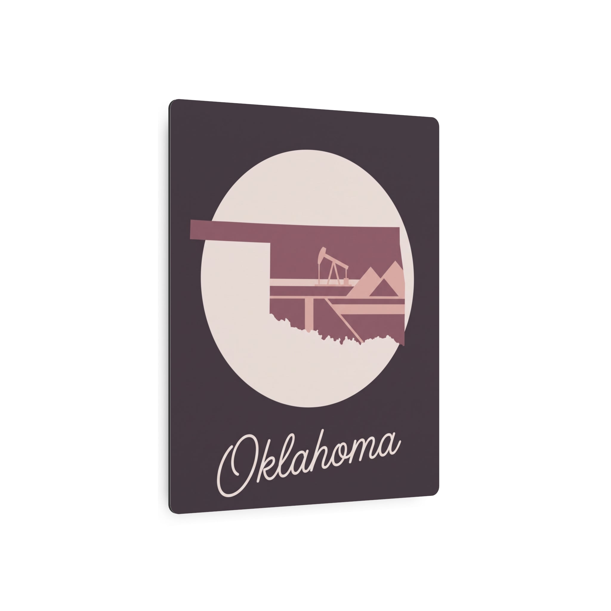 Mauve Oklahoma wall art with circular skyline graphic and “Oklahoma” cursive text
