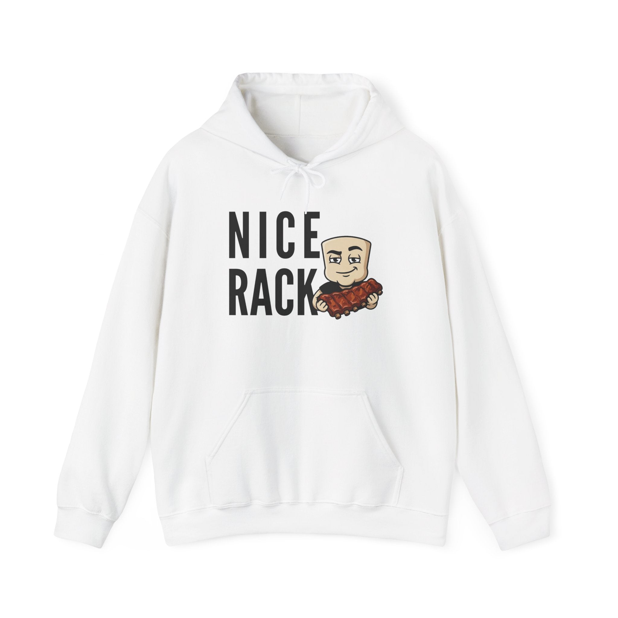 White hoodie with kangaroo pocket, drawstring hood, and bold rib graphic on chest.