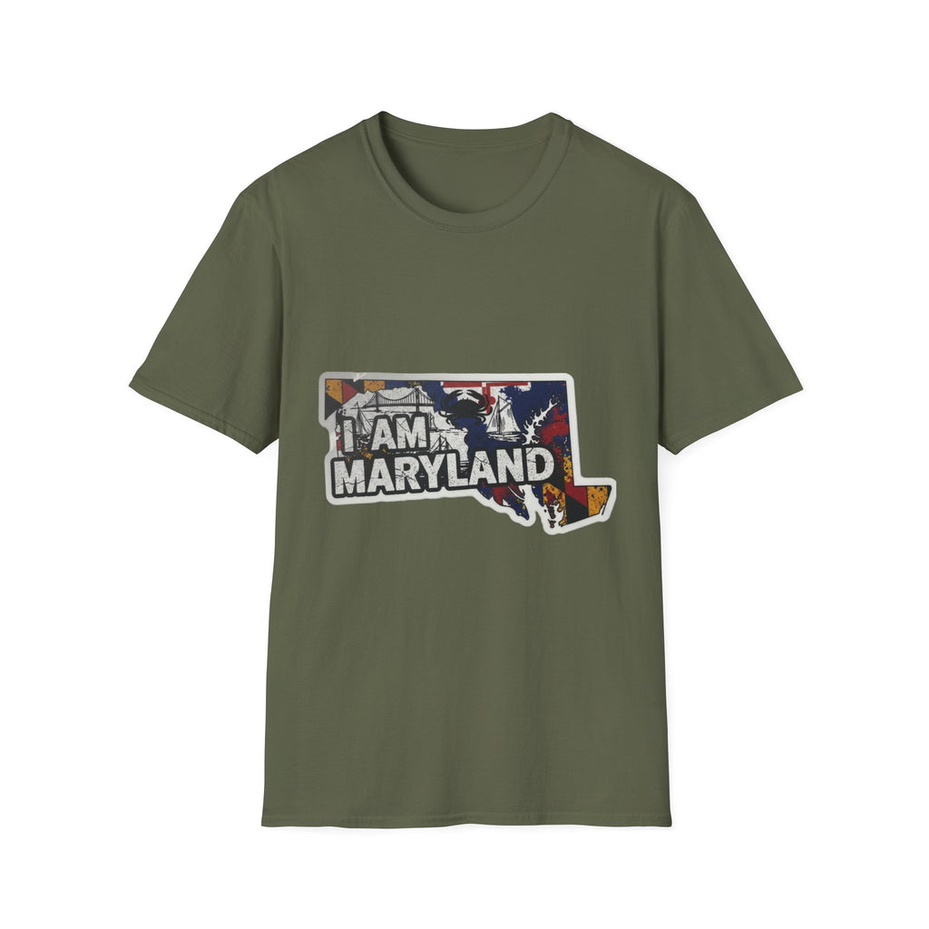Olive green crewneck T-shirt with Maryland graphic collage front