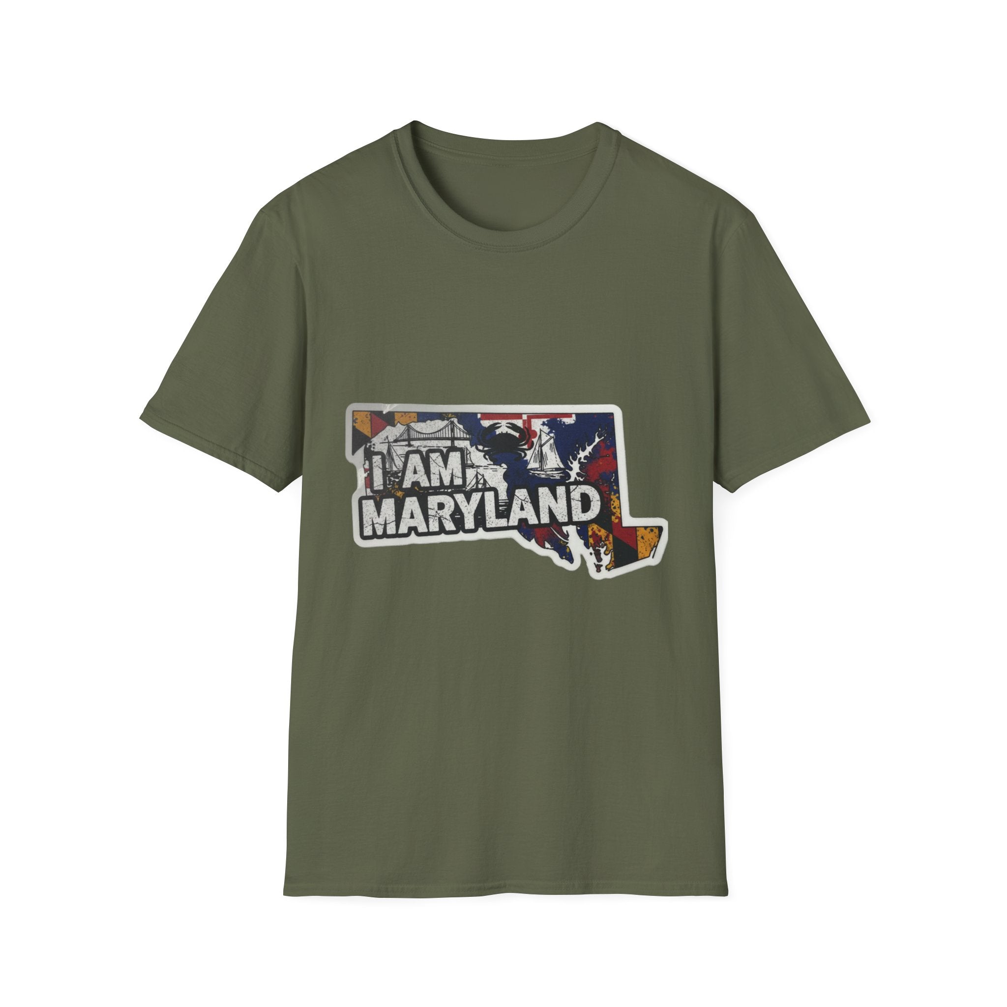 Olive green crewneck T-shirt with Maryland graphic collage front