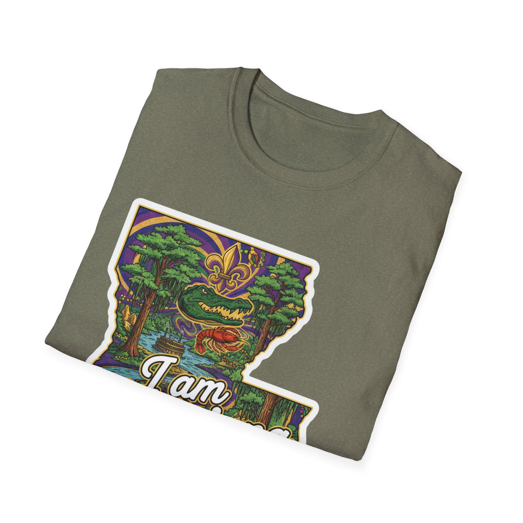 Olive T-shirt with Louisiana outline and Mardi Gras design