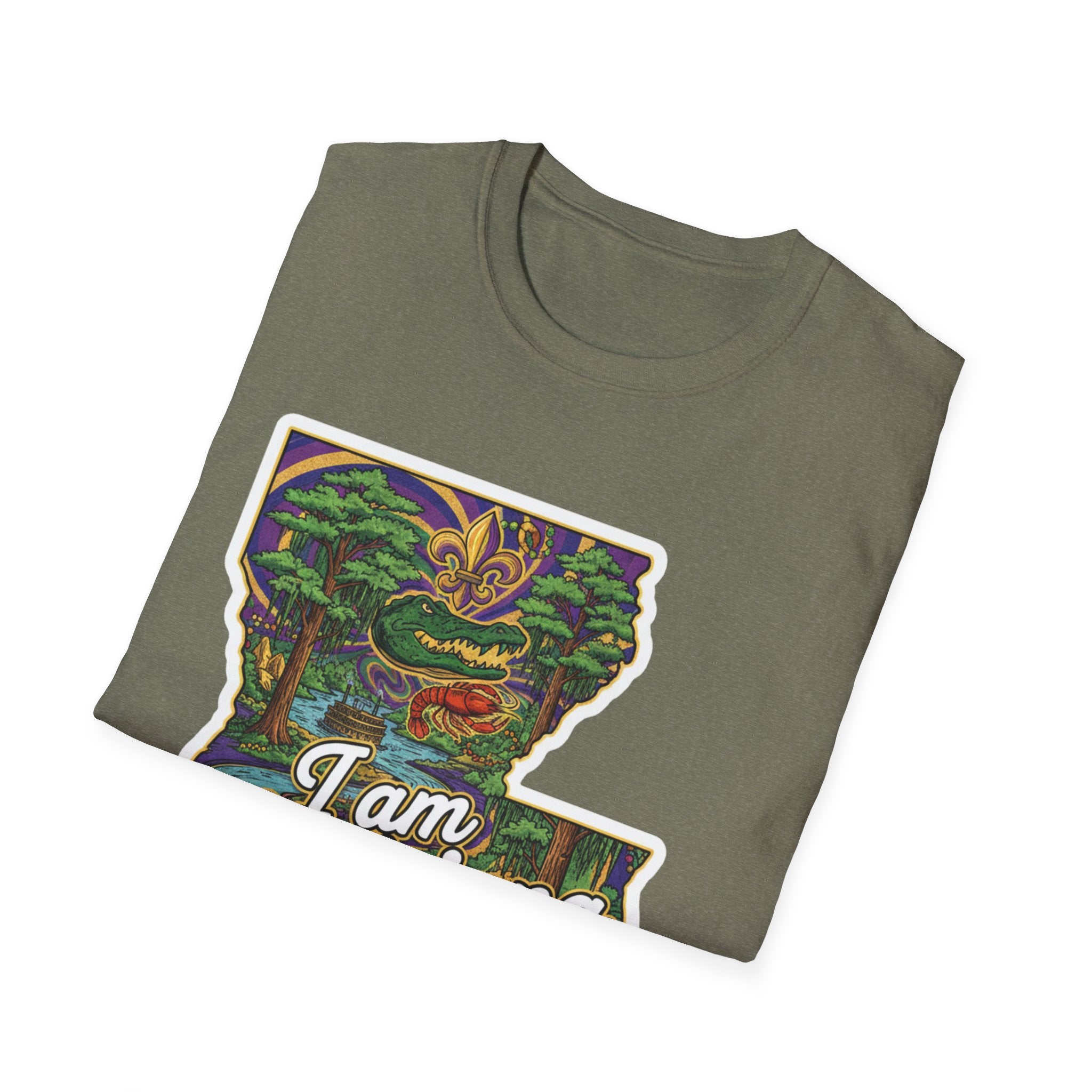 Olive T-shirt with Louisiana outline and Mardi Gras design